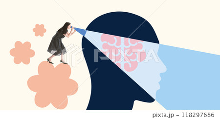 Focus on wellness. Woman peering into head with spotlight on brain, symbolizing introspection and search for deep understanding and insights. Contemporary art collage. 118297686