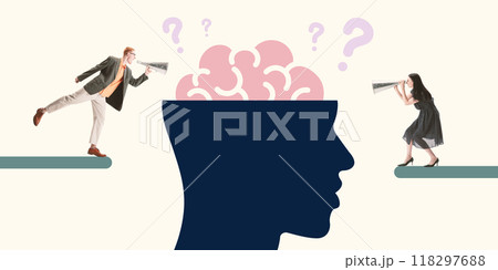 Man and woman looking and shouting into megaphone on brain, overload of information, importance of clarifying thoughts. Contemporary art collage. 118297688