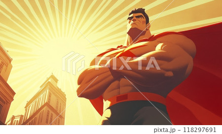 Superhero standing with arms crossed and cape waving in wind 118297691