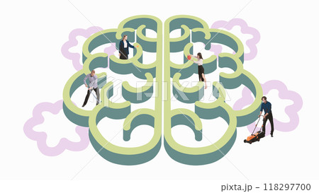 People navigating maze in shape of brain, symbolizing problem-solving, mental challenges, and complex nature of human thoughts and psychology. Contemporary art collage. 118297700