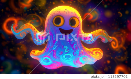 Psychedelic ghost floating and smiling with swirls of color 118297701