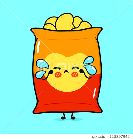 Crying Chips character. Vector hand drawn cartoon kawaii character illustration icon. Isolated on blue background. Sad Chips character concept 118297943