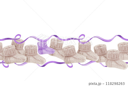 9 crocheted white socks for newborns and 1 purple with ribbons in seamless border as a symbol of the statistics on the birth rate of premature babies.Watercolor clip art isiolated on white background 9 crocheted white socks for newborns and 1 purple with ribbons in seamless border as a symbol of the statistics on the birth rate of premature babies.Watercolor clip art isiolated on white background 118298263