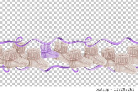 9 crocheted white socks for newborns and 1 purple with ribbons in seamless border as a symbol of the statistics on the birth rate of premature babies.Watercolor clip art isiolated on white background 9 crocheted white socks for newborns and 1 purple with ribbons in seamless border as a symbol of the statistics on the birth rate of premature babies.Watercolor clip art isiolated on white background 118298263