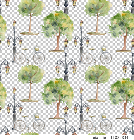 Old European city town street with lamp posts, ornamental lanterns, lined trees green hedge. Watercolor hand drawn seamless pattern. Tourist shops, souvenirs, travel brochures, architectural bureau Old European city town street with lamp posts, ornamental lanterns, lined trees green hedge. Watercolor hand drawn seamless pattern. Tourist shops, souvenirs, travel brochures, architectural bureau 118298343