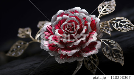 a rose, crafted from steel and adorned with rubies. 118298367