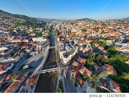 Aerial drone view of city of Sarajevo. Capital of Bosnia and Herzegovina, Balkan. Bridges over Miljacka River in Center. 118298505