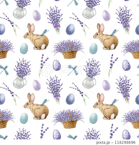 Easter decor seamless pattern with bunny, lavender flowers in tender colors. Watercolor vintage style illustration. Cute little bunny, painted eggs, lavender pattern on white background Easter decor seamless pattern with bunny, lavender flowers in tender colors. Watercolor vintage style illustration. Cute little bunny, painted eggs, lavender pattern on white background 118298696