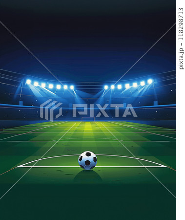 a soccer ball on green field with blur stadium at background 118298713