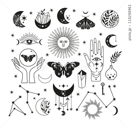 Mystical moon set icons phases and woman hands and moth, alchemy esoteric magic space, vector black isolated on white background 118298961