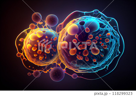 Human cells under microscope, illustration 118299323