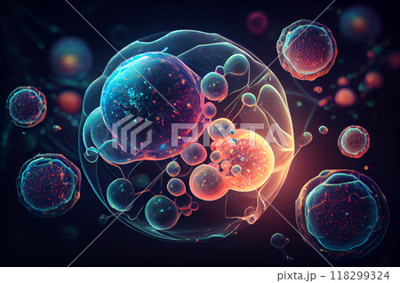 Human cells under microscope, illustration 118299324