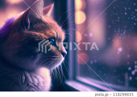 A cat looking through the window in a rainy evening, generative ai 118299835