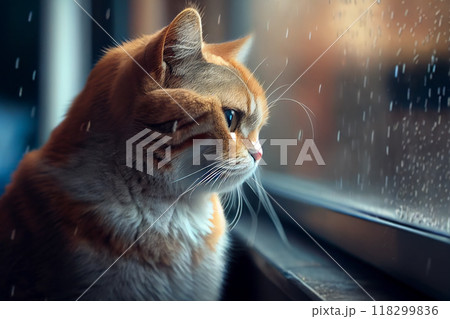 A cat looking through the window in a rainy evening, generative ai 118299836