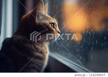 A cat looking through the window in a rainy evening, generative ai 118299837