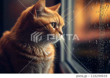 A cat looking through the window in a rainy evening, generative ai 118299838
