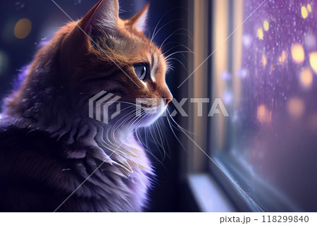 A cat looking through the window in a rainy evening, generative ai 118299840