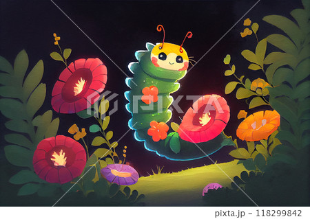 A cute illustration of a kawaii-style caterpillar in childlike drawing style, featuring vibrant colors and a playful demeanor, generative ai illustration 118299842