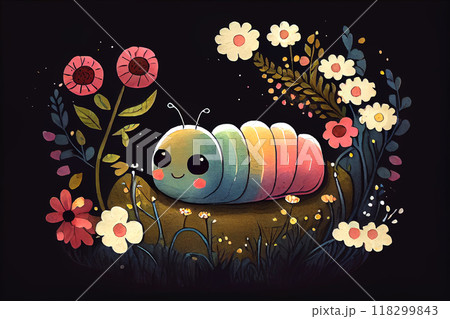 A cute illustration of a kawaii-style caterpillar in childlike drawing style, featuring vibrant colors and a playful demeanor, generative ai illustration 118299843