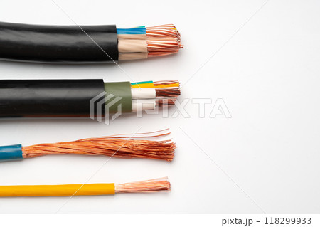 Various Electrical Wires With Exposed Copper Strands on White Background 118299933