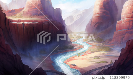 A breathtaking view of a canyon or gorge with towering cliffs on both sides and a river running through the bottom, generative ai illustration 118299979
