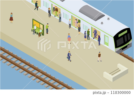 通勤、通学時の駅のホームの整列乗車の風景。アイソメトリックのイラスト。 通勤、通学時の駅のホームの整列乗車の風景。アイソメトリックのイラスト。 118300000