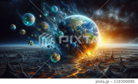 Earth ascending from destructive polluted dimension behind 118300090