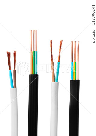 Various Electrical Wires With Exposed Copper Strands on White Background Various Electrical Wires With Exposed Copper Strands on White Background 118300241