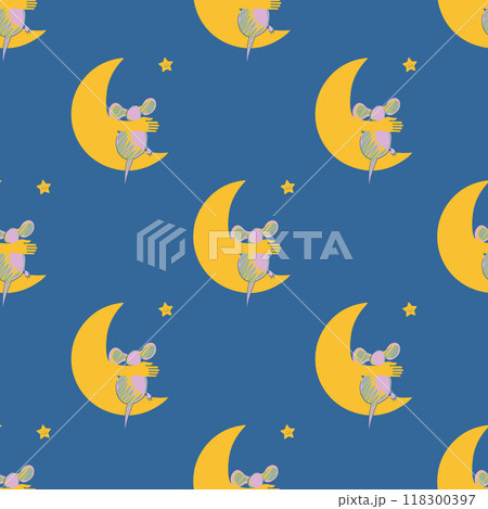 seamless pattern with cute mice and the moon that embraces him. seamless pattern with cute mice and the moon that embraces him. 118300397
