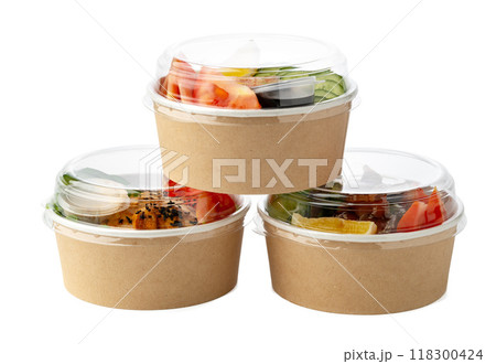 Tasty take out poke bowls isolated on white background Tasty take out poke bowls isolated on white background 118300424