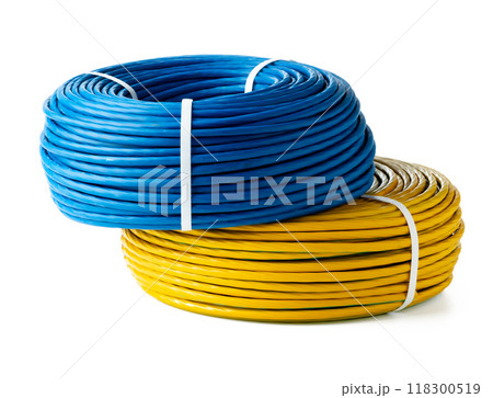 Blue And Yellow Electrical Wire Spools Isolated On White Background 118300519