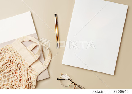 Stack of paper and fabric bag, blank objects for placing your design 118300640