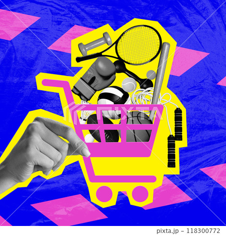 Poster. Contemporary art collage. Shopping basket brimming with sports equipment held up by hand highlighted yellow against blue backdrop. Poster. Contemporary art collage. Shopping basket brimming with sports equipment held up by hand highlighted yellow against blue backdrop. 118300772