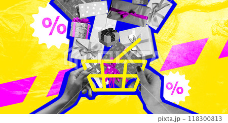 Poster. Contemporary art collage. hopping cart filled with elegantly wrapped presents, with hand below, suggesting quick deals. 118300813