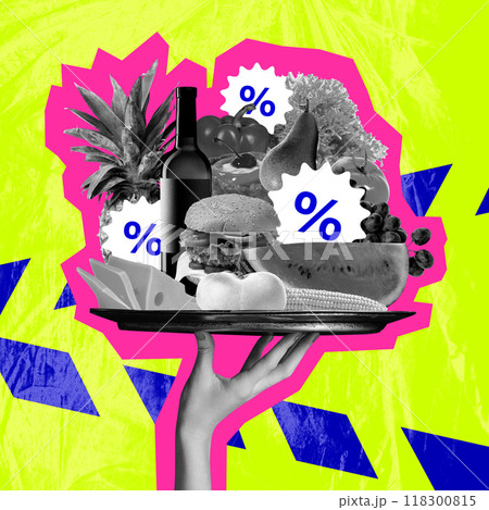 Poster. Contemporary art collage. Tray of groceries, including fish, pineapple, and drinks with percentage symbols representing discounts. 118300815