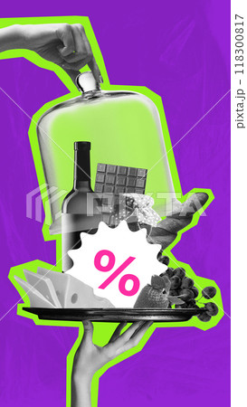 Poster. Contemporary art collage. Tray of food covered by glass dome, filled with items like pineapples, burgers, fish, and fruit, with percentage symbol. Poster. Contemporary art collage. Tray of food covered by glass dome, filled with items like pineapples, burgers, fish, and fruit, with percentage symbol. 118300817