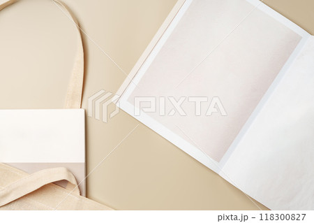 Stack of paper and fabric bag, blank objects for placing your design 118300827