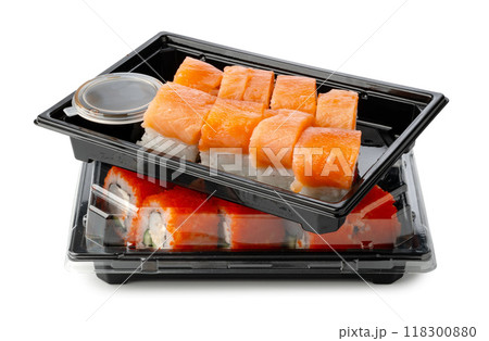 Take out packed sushi roll isolated on white 118300880