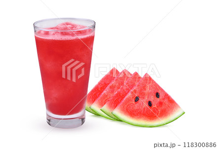 closeup of some pieces of refreshing watermelon and juice on white background. closeup of some pieces of refreshing watermelon and juice on white background. 118300886