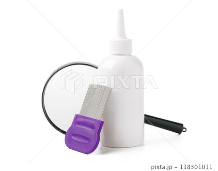 Medicine, lice comb and magnifying glass isolated on white Medicine, lice comb and magnifying glass isolated on white 118301011
