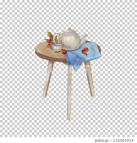 Watercolor wooden table with a ceramic teapot, teacup, rose hips, and a blue napkin. Illustration tea time. Cozy kitchen decor. Ideal for tea-theme design, kitchen decor, and rustic-style projects. Watercolor wooden table with a ceramic teapot, teacup, rose hips, and a blue napkin. Illustration tea time. Cozy kitchen decor. Ideal for tea-theme design, kitchen decor, and rustic-style projects. 118301014