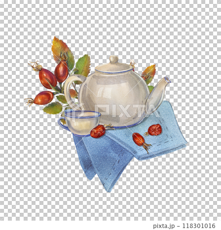 Watercolor a ceramic teapot, teacup, rose hips, and a blue napkin. Illustration tea time. Cozy decor. English breakfast, vintage style. Ideal for tea-theme design, kitchen decor, rustic-style project Watercolor a ceramic teapot, teacup, rose hips, and a blue napkin. Illustration tea time. Cozy decor. English breakfast, vintage style. Ideal for tea-theme design, kitchen decor, rustic-style project 118301016