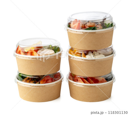 Tasty take out poke bowls isolated on white background Tasty take out poke bowls isolated on white background 118301130