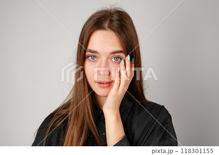 Young Woman in Black Shirt and Black Pants in Studio Young Woman in Black Shirt and Black Pants in Studio 118301155