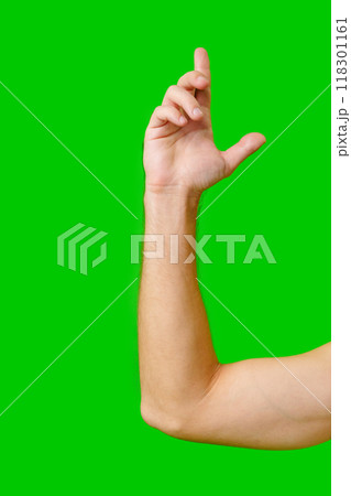 Hand Gesture Above Arm Against Bright Green Background Hand Gesture Above Arm Against Bright Green Background 118301161