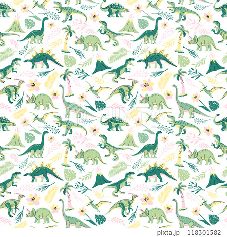Seamless pattern with bright dinosaurs and green plants including T-rex, Brontosaurus, Triceratops, Velociraptor, Pteranodon, Allosaurus, etc. Isolated on white 118301582