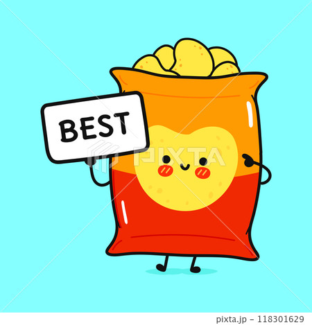 Cute Chips with poster best. Vector hand drawn cartoon kawaii character illustration icon. Isolated on blue background. Chips think concept Cute Chips with poster best. Vector hand drawn cartoon kawaii character illustration icon. Isolated on blue background. Chips think concept 118301629
