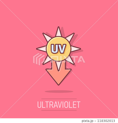 UV radiation icon in comic style. Ultraviolet cartoon vector illustration on isolated background. Solar protection splash effect business concept. 118302013