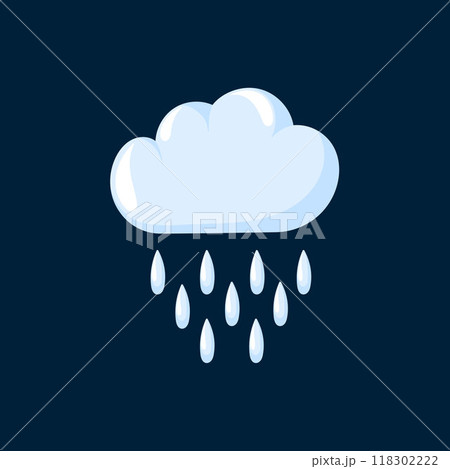 Rain cloud with raindrops in cartoon style. Design for weather forecasts, apps, or climate projects. Clean and minimalistic design. 118302222