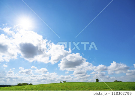 夏の青空と太陽と草原 118302799